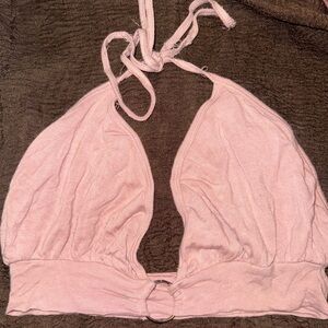 💕 O-Ring Halter Backless Tie Up Adjustable Baby Blush Pink Plush Bralette Top 💕